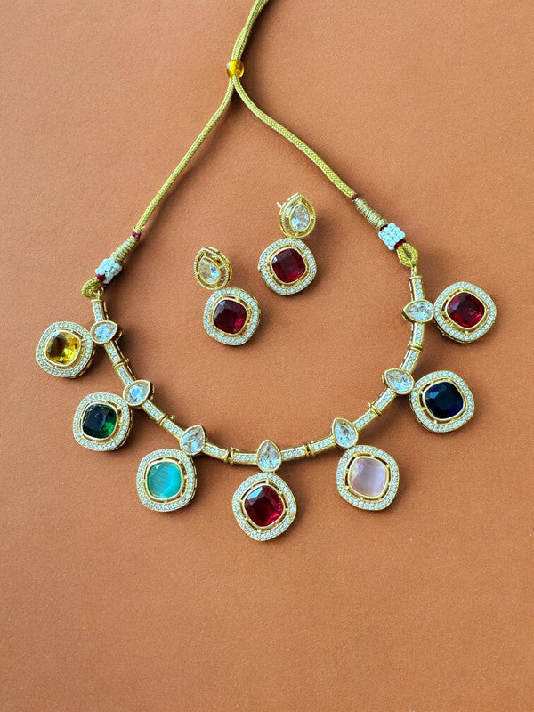 Multicolor Kundan Necklace Set with Cibic Zircon Accents