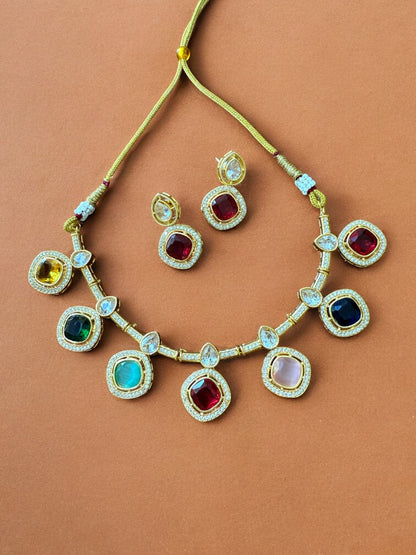 Multicolor Kundan Necklace Set with Cibic Zircon Accents