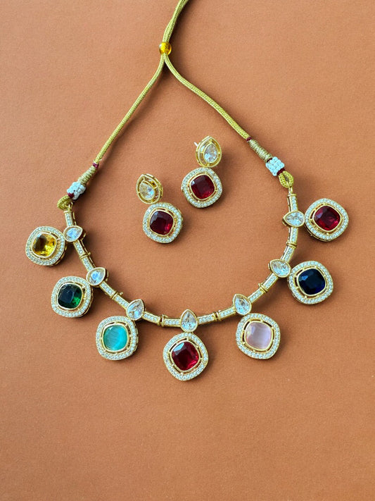 Multicolor Kundan Necklace Set with Cibic Zircon Accents