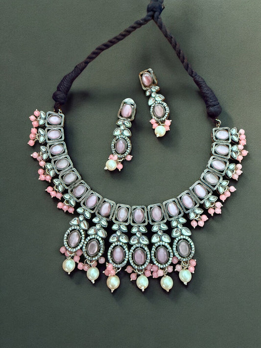 Pastel Pink Kundan Antique Necklace Set with Pearl Drops