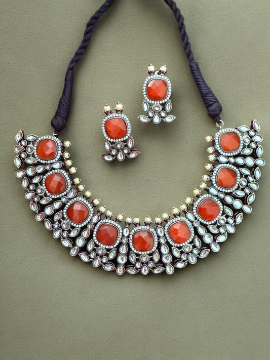 Bold Orange Kundan Antique Choker Necklace set with Pearls