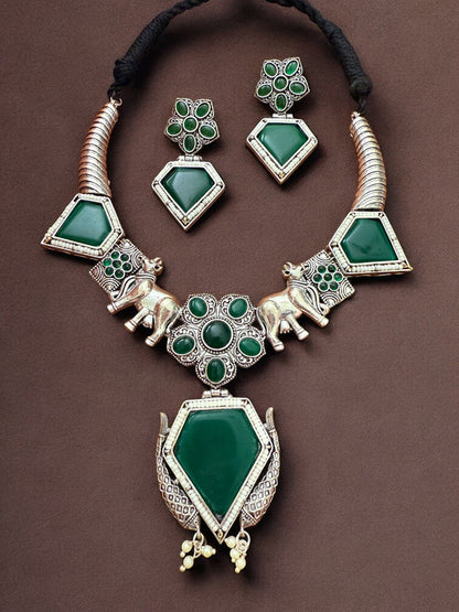 Oxidised Silver Elephant Motif Tribal Necklace Set with Green Stone Accent