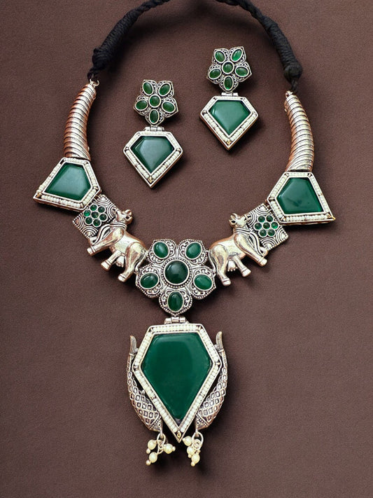 Oxidised Silver Elephant Motif Tribal Necklace Set with Green Stone Accent