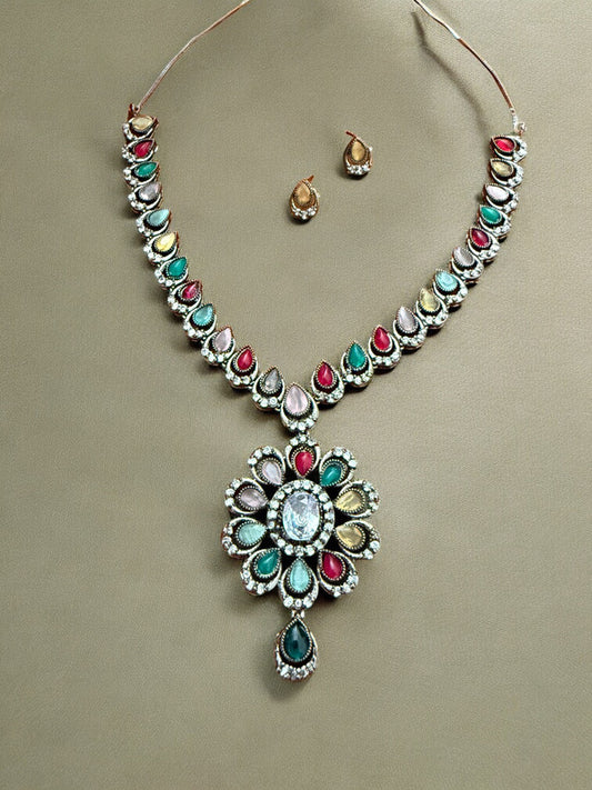Statement Multicoloiur Teardrop Floral Necklace set with Stud Earrings