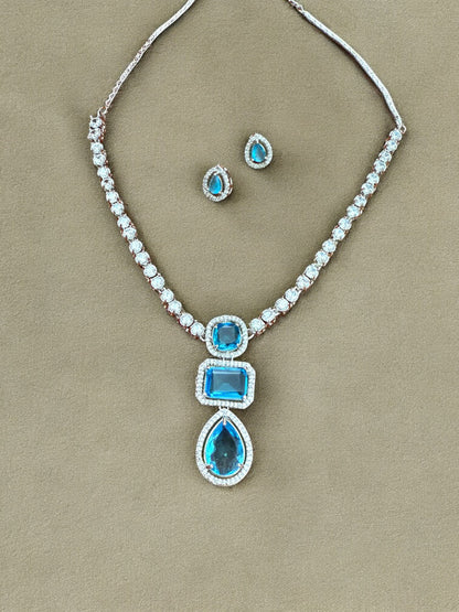 Blue Statement Stone Zircon Pendant Set with Stud Earrings