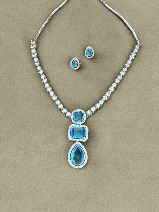Blue Statement Stone Zircon Pendant Set with Stud Earrings