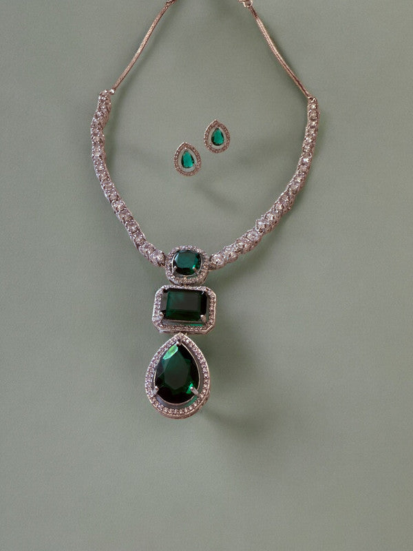 Emarld Green Statement Stone Zircon Pendant Set with Stud Earrings