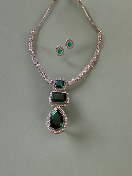 Emarld Green Statement Stone Zircon Pendant Set with Stud Earrings