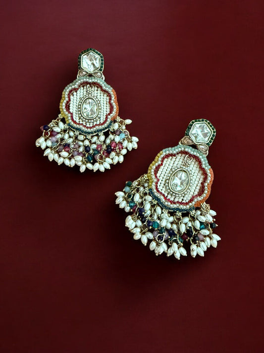 Multicolor Dangling Kundan Earrings with Intricate  Beadwork & Pearl Detailing