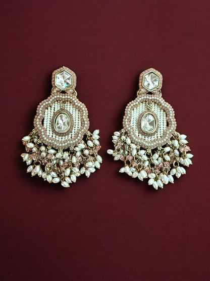 Dusty Rose Dangling Kundan Earrings with Intricate  Beadwork & Pearl Detailing