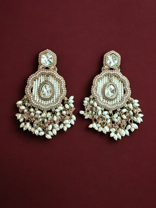 Dusty Rose Dangling Kundan Earrings with Intricate  Beadwork & Pearl Detailing