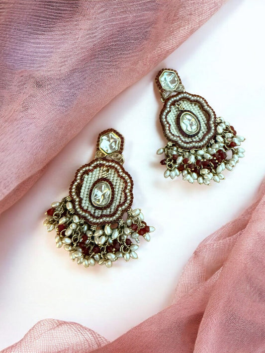 Maroon Dangling Kundan Earrings with Intricate  Beadwork & Pearl Detailing