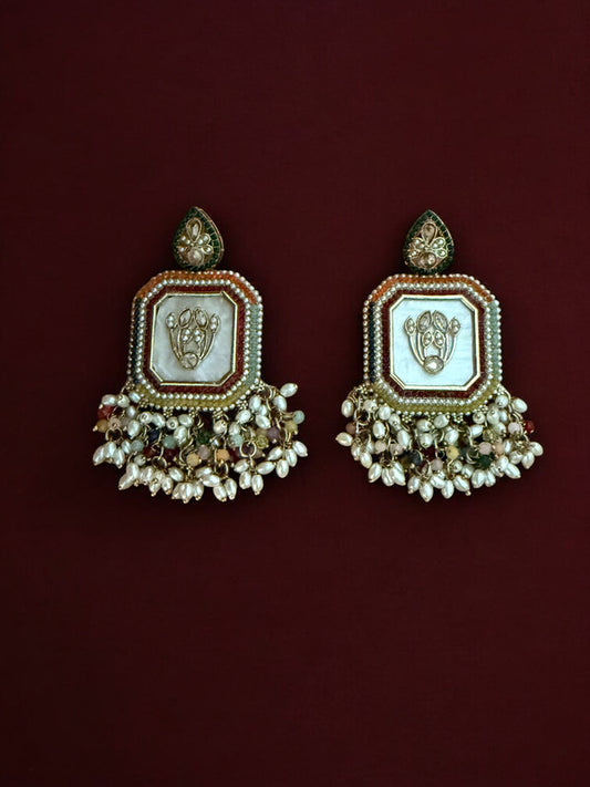 Multicolor Royal Kundan Pearl Dangler Earrings with Mother of Pearl Inlay