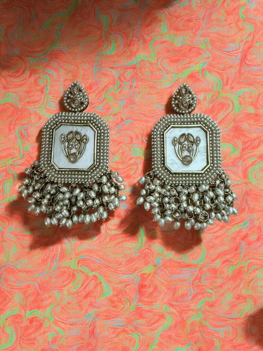 White Royal Kundan Pearl Dangler Earrings with Mother of Pearl Inlay