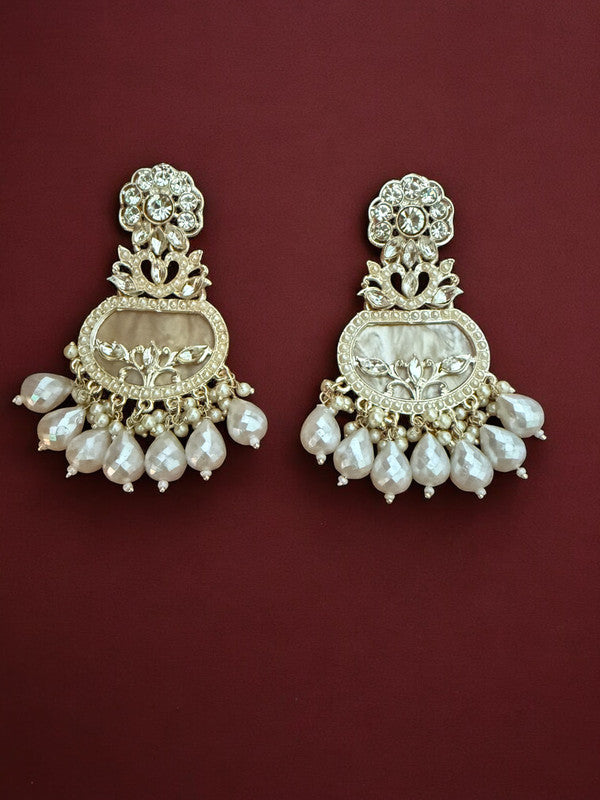 Crystal Cream Floral Motif Earrings with Filigree Details and Pearl Beads Accents