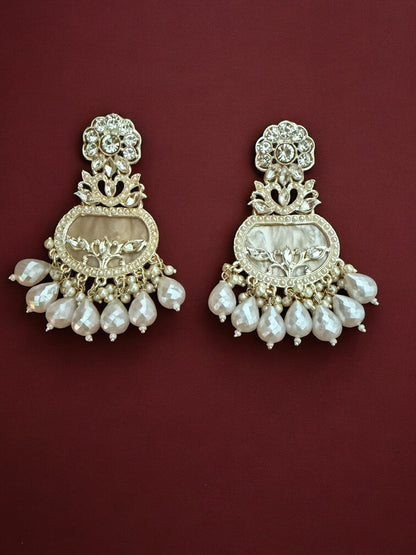 Crystal Cream Floral Motif Earrings with Filigree Details and Pearl Beads Accents