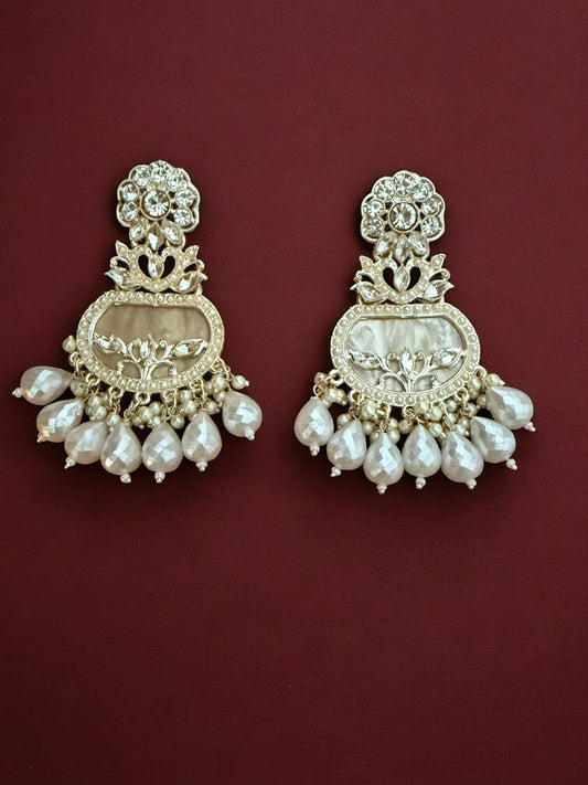 Crystal Cream Floral Motif Earrings with Filigree Details and Pearl Beads Accents