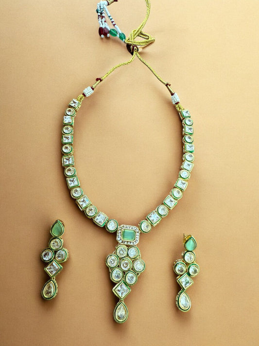 Exquisite Handcrafted Kundan Necklace Set with Mint Green Accents