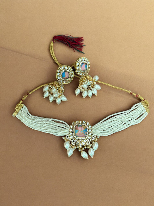 Pastel Pink Fire Stone Studded Multi Strand Pearl Kundan Choker Necklace Set with Matching Jhumkas