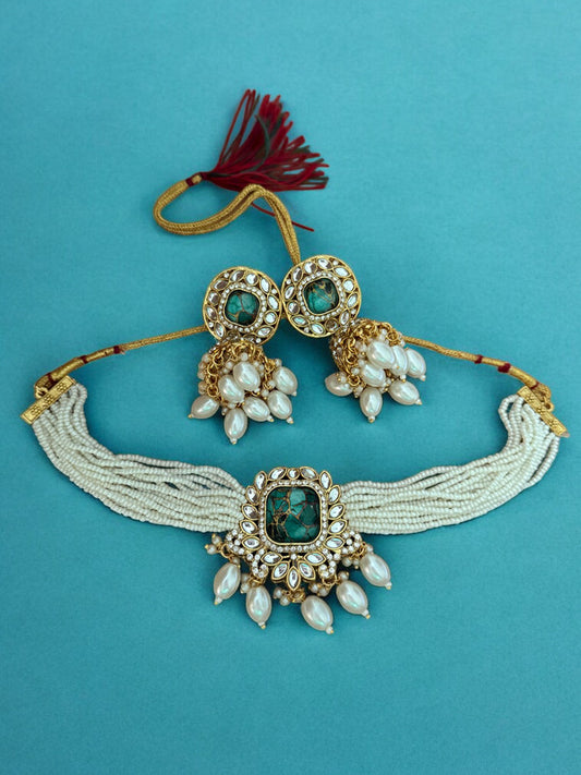 Emerald Fire Stone Studded Multi Strand Pearl Kundan Choker Necklace Set with Matching Jhumkas
