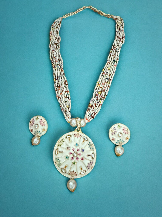 White Enameled Multicolor Beaded Necklace with Mandala Pendant and Pearl Drop Earrings