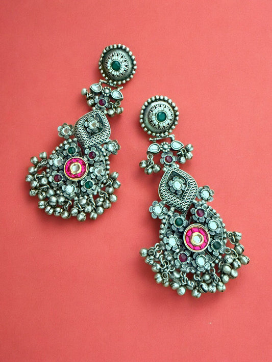 Oxidized Pink Afghani Dangler Earrings with Kundan work, Inticate florals and Ghungroo Accents