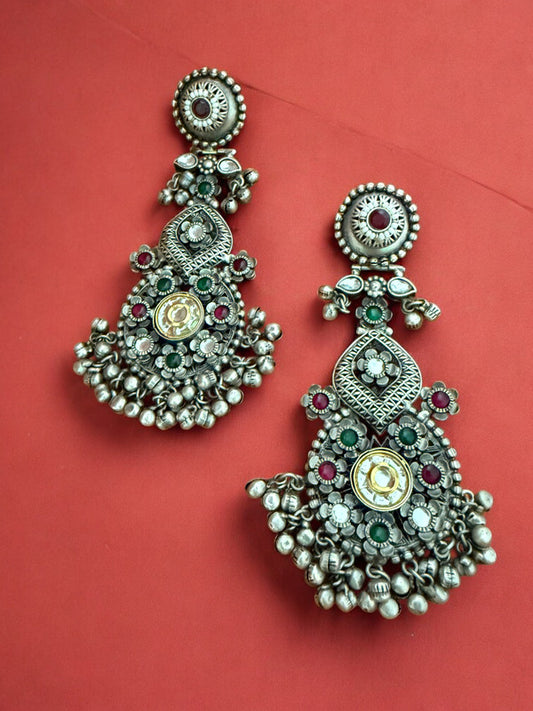 Oxidized Silver Afghani Dangler Earrings with Kundan work, Inticate florals and Ghungroo Accents