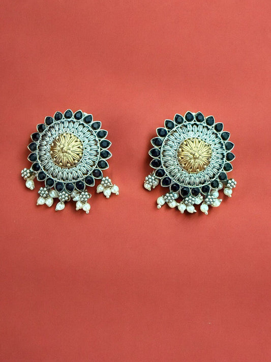 Oxidized Round Stud Earrings with Black Stones & Pearl Drops