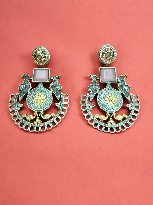 Oxidized Silver & Gold-Plated Peacock Motif Dangler Earrings
