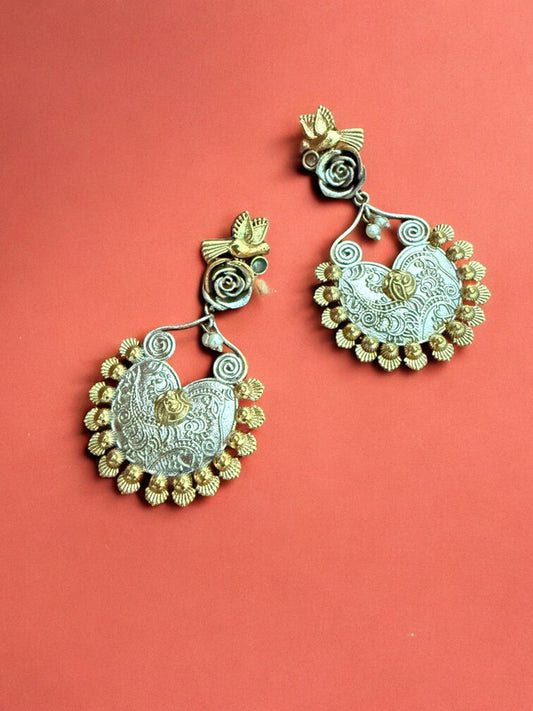 Oxidized Silver & Gold-Plated Bird Motif Dangler Earrings