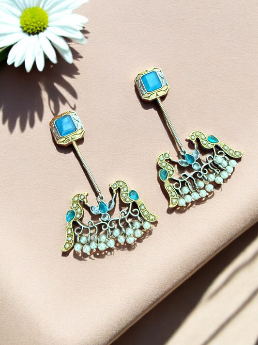 Antique Gold  Silver Toned Earrings With Blue Stone Studs, Bird Motif And Pearl Bead Drops