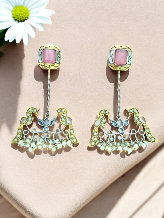 Antique Gold Silver Toned Earrings With Pink Stone Studs, Bird Motif And Pearl Bead Drops