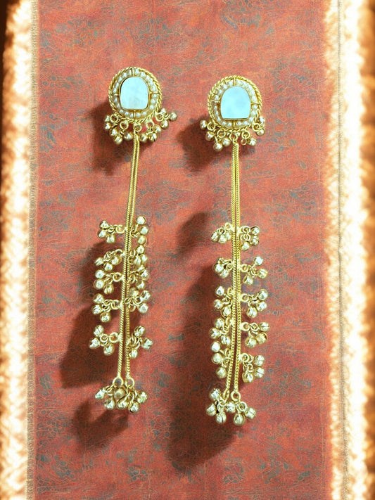 Gold Plated Long Drop Kashmiri Earrings With Mother Of Pearl Inlay And Clustered Ghungroo Detailing