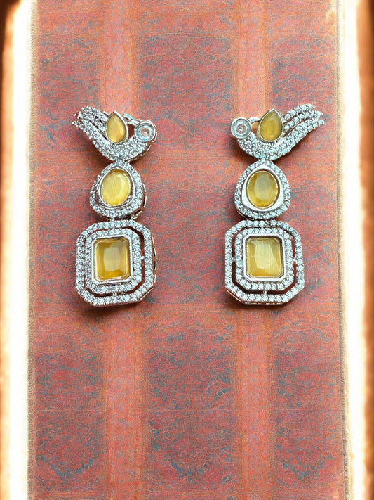 Silver Toned Cubic Zircon Earrings With Yellow Stones And Delicate Bird Motif Detailing