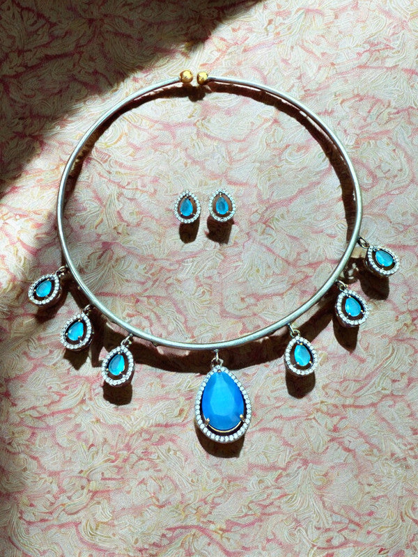 Antique Silver Finish Turquoise Blue Teardrop Hasli Set with Stud Earrings