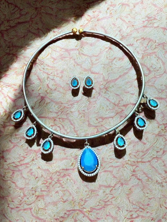 Antique Silver Finish Turquoise Blue Teardrop Hasli Set with Stud Earrings