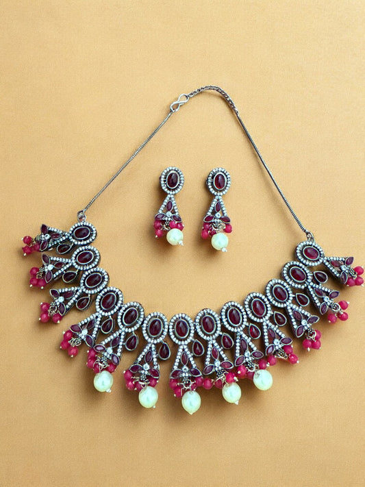 Maroon Oval and Teardrop Stone Necklace Set with Pink Beads and Pearl Drops