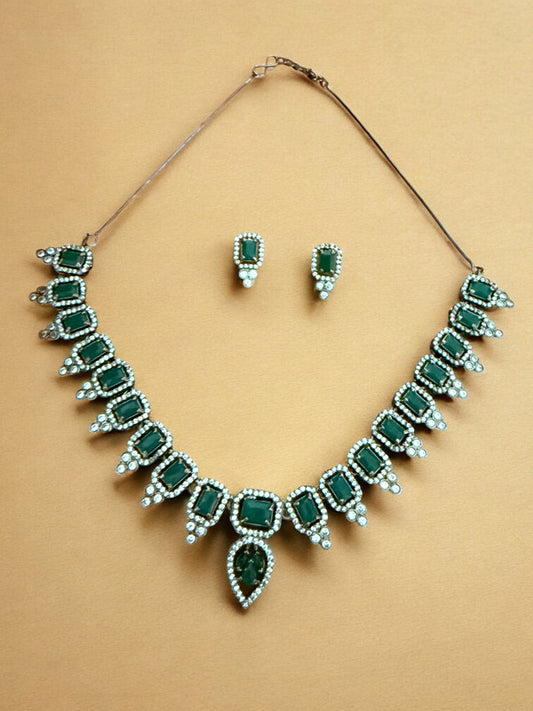 Emerald Green Necklace Set with Rectangular and Teardrop Stones Accented in Silver-Tone American Diamonds