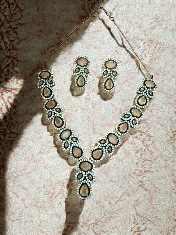 Peach Silver-Tone Necklace Set with Teardrop & Oval Crystal Stones and American Diamonds