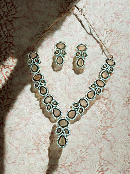 Peach Silver-Tone Necklace Set with Teardrop & Oval Crystal Stones and American Diamonds