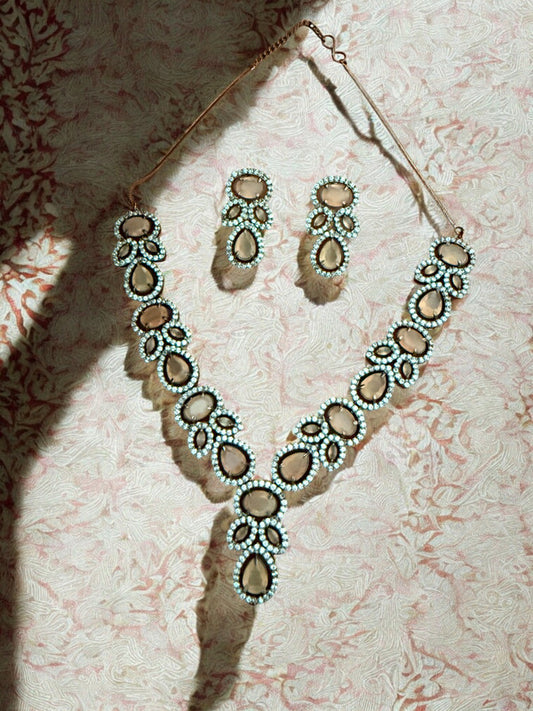 Peach Silver-Tone Necklace Set with Teardrop & Oval Crystal Stones and American Diamonds