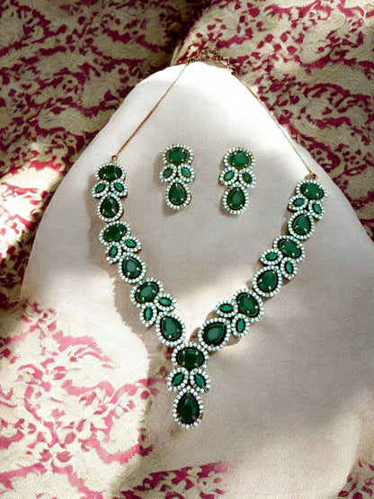 Green Silver-Tone Necklace Set with Teardrop & Oval Crystal Stones and American Diamonds