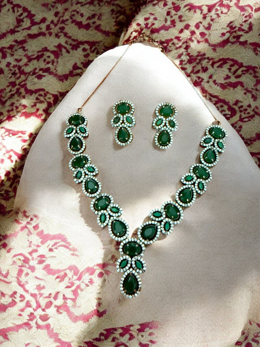 Green Silver-Tone Necklace Set with Teardrop & Oval Crystal Stones and American Diamonds