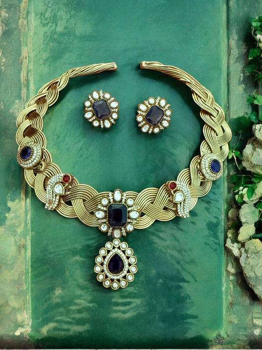 Royal Blue Stone Braided Hasli Set with Peacock Motifs