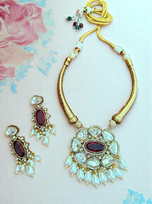 Regal Kundan Hasli Necklace Set with Ruby Red Centerpiece and Pearl Drop Accents