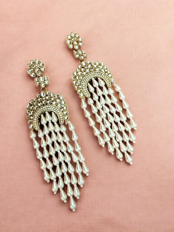 Kundan Encrusted Chandbali Statement Earrings with Long Pearl Tassels