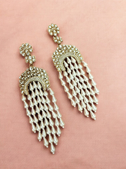 Kundan Encrusted Chandbali Statement Earrings with Long Pearl Tassels