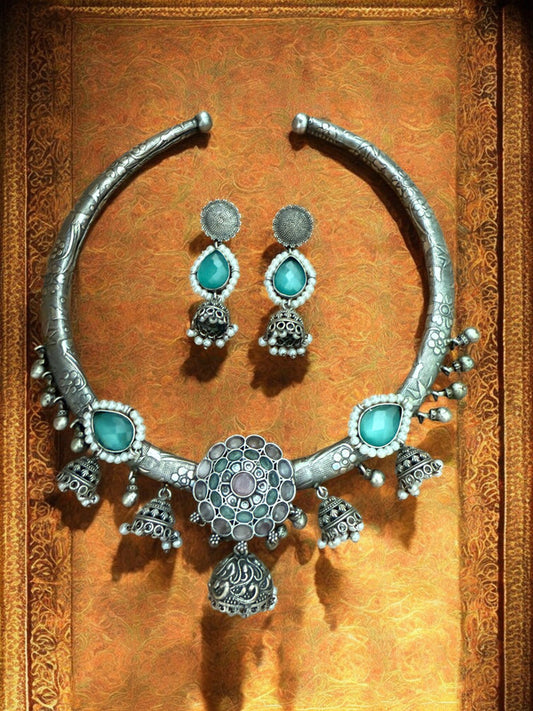 Oxidized Silver Tribal Hasli Set with Aqua Stones & Ghungroo Charms