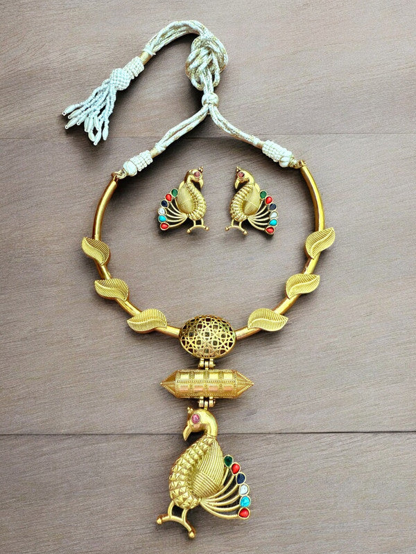Majestic Peacock Motif Hasli Set with Enamel Accents