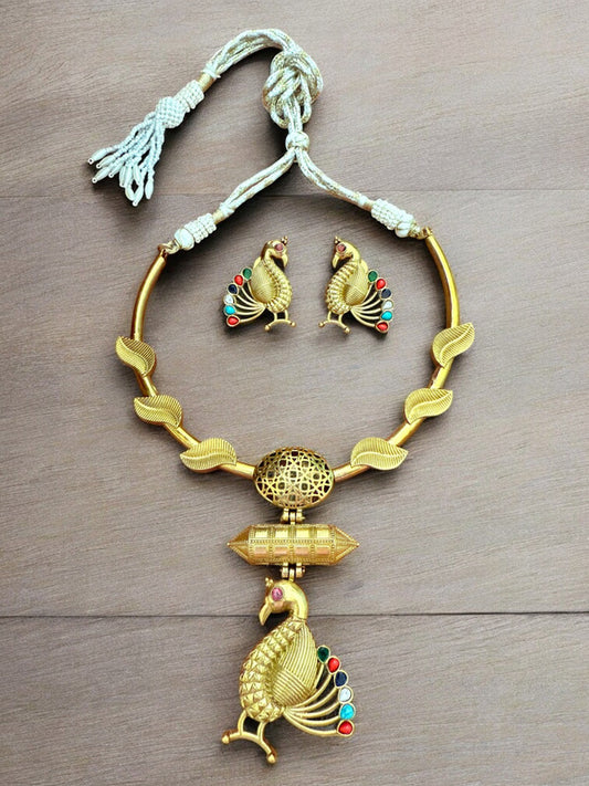 Majestic Peacock Motif Hasli Set with Enamel Accents